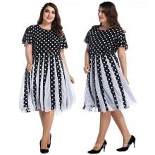Retro women ball gown elegant knee-length dresses black and white dots bubble chiffon plus size dresses
